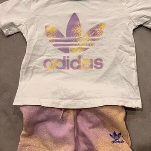 Adidas girls Kids White Tee with Purple and Yellow Logo size 3/4 toddler
